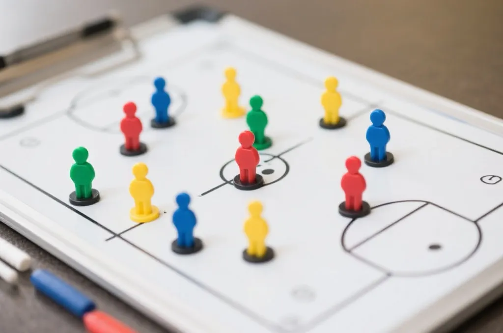 A professional soccer tactical whiteboard with colorful magnetic player markers arranged in a strategic formation, close-up